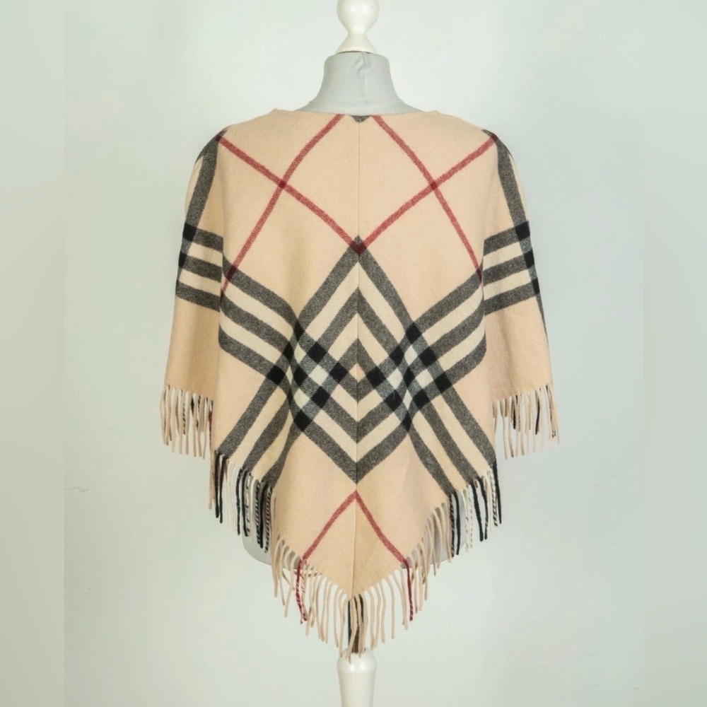 Burberry London Lamba Wool Nova Check Scarf Poncho Plaid Tan Black Red Fringe - Picture 4 of 8